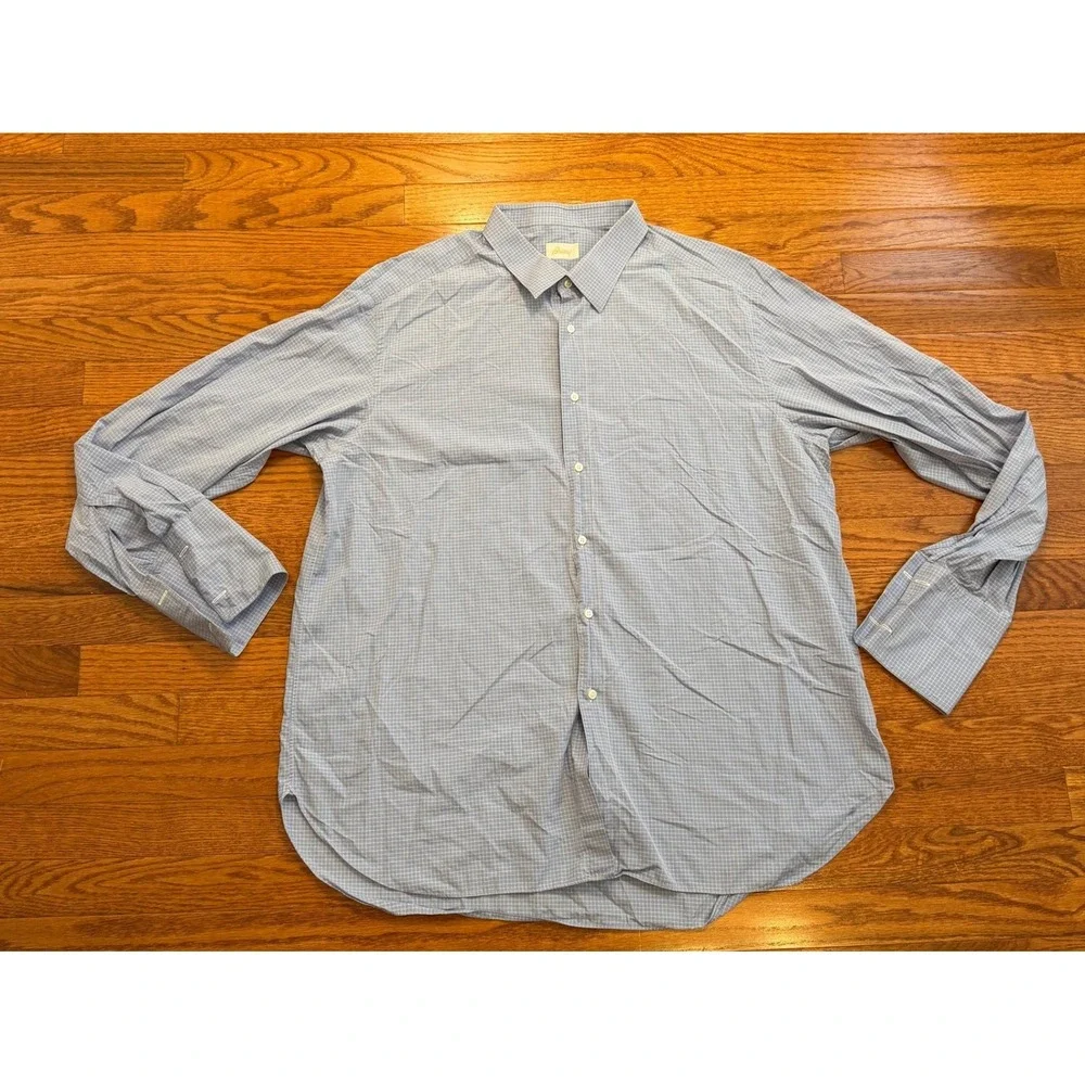 Brioni Button-Down Dress Shirt Fits Mens 17.5 Blue White Check Italy Cotton